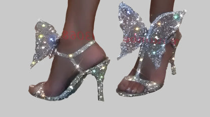 FOOTWEAR - Show Stopper Silver Crystal Butterfly Heel Sandals. T-strap Bling Evening Dress Shoes