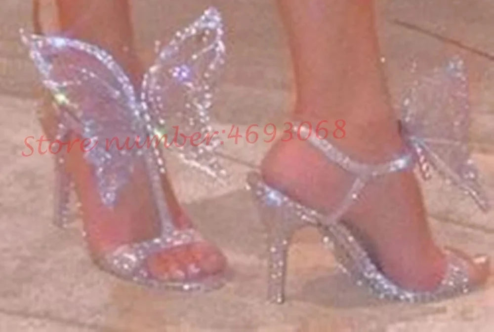 FOOTWEAR - Show Stopper Silver Crystal Butterfly Heel Sandals. T-strap Bling Evening Dress Shoes