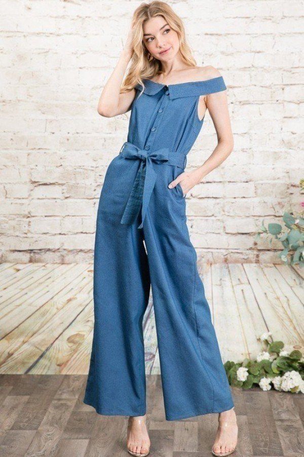 Denim - Fold-over Collar Detailed Button Down Off-shoulder Chambray Wide Leg Palazzo Jumpsuit With Waist Tie