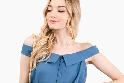 Denim - Fold-over Collar Detailed Button Down Off-shoulder Chambray Wide Leg Palazzo Jumpsuit With Waist Tie