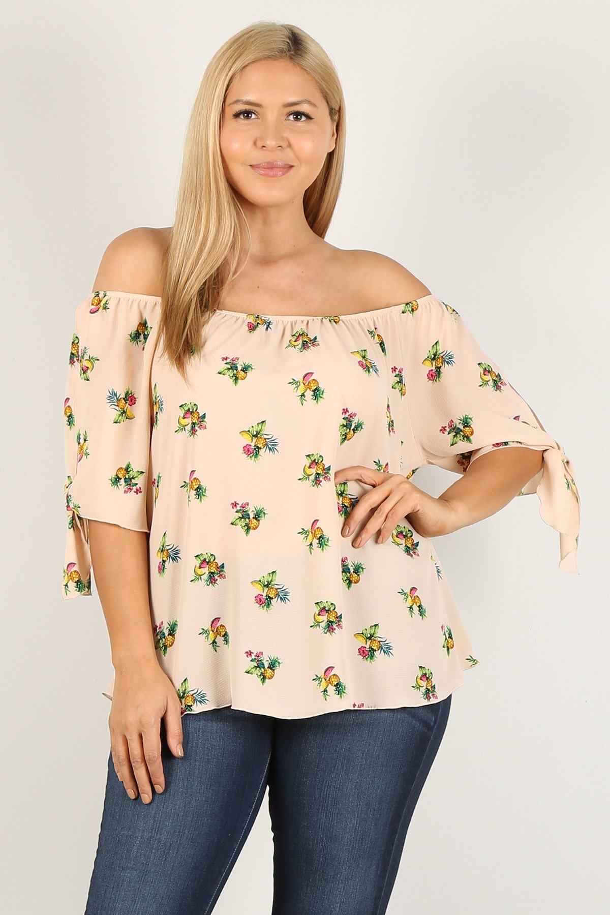 TOPS - Plus Size Floral Print Off-Shoulder Blouse