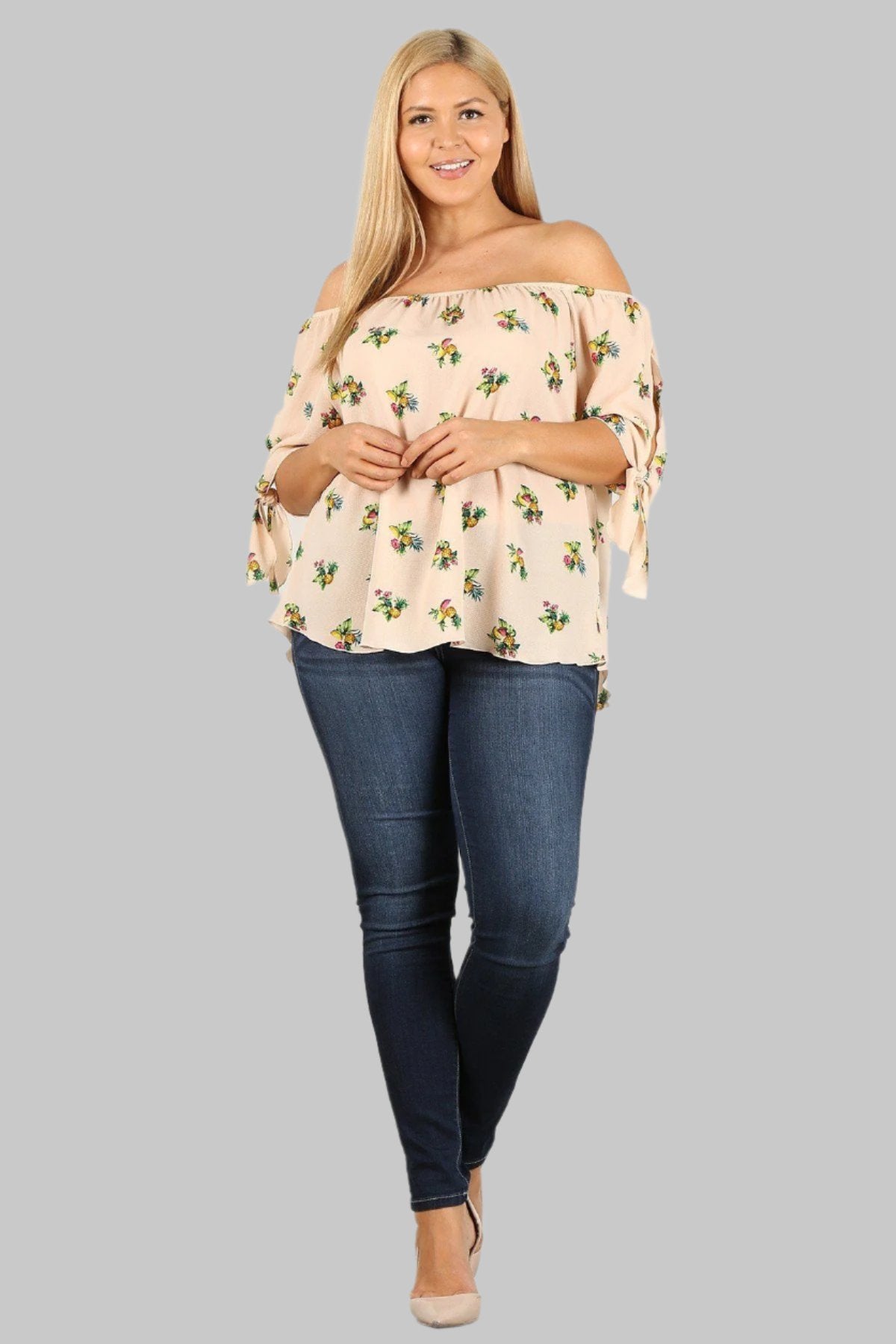 TOPS - Plus Size Floral Print Off-Shoulder Blouse