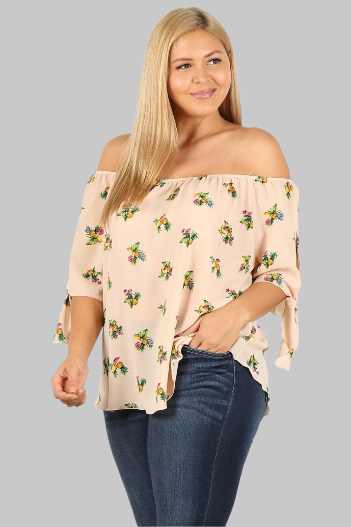 TOPS - Plus Size Floral Print Off-Shoulder Blouse