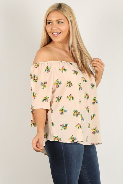 TOPS - Plus Size Floral Print Off-Shoulder Blouse