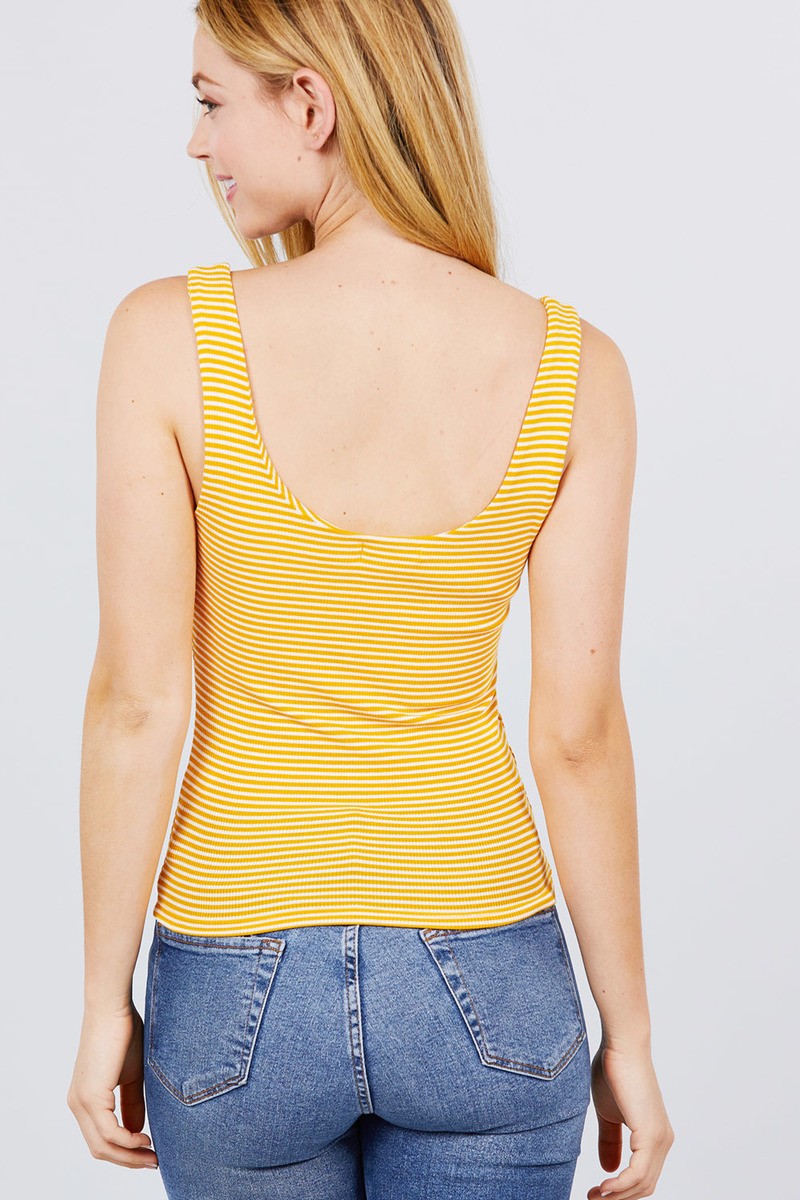 Sleeveless Double Scoop Neck Stripe 2 Ply Rib Knit Top