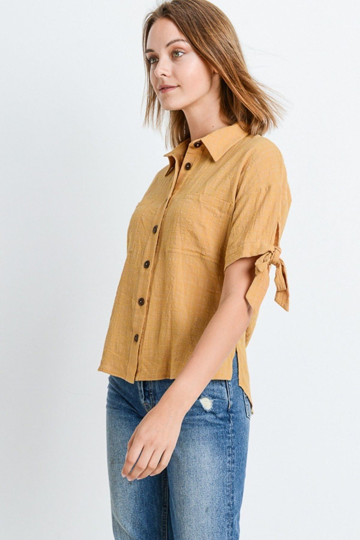 Short Sleeve Button Up Top With Tie Sleeve