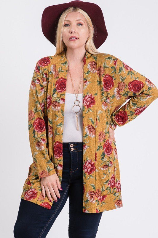 CARDIGAN TOP - Plus Size Flower Print Pocket Flower Print Hacci Cardigan