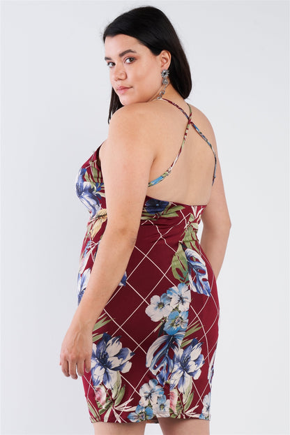 Plus Size Criss-cross Open Back Mini Floral Print Dress