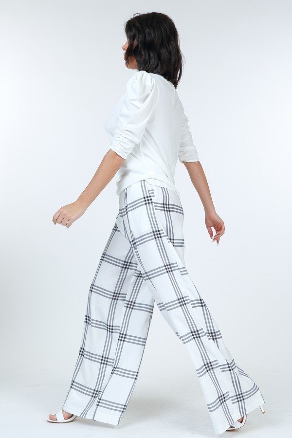 High Waist Plaid Print Wide Leg Pants