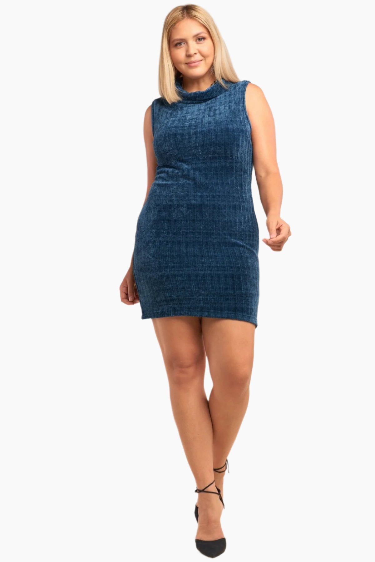 Plus Size Sleeveless Ribbed Knit Semi-turtleneck Mini Dress