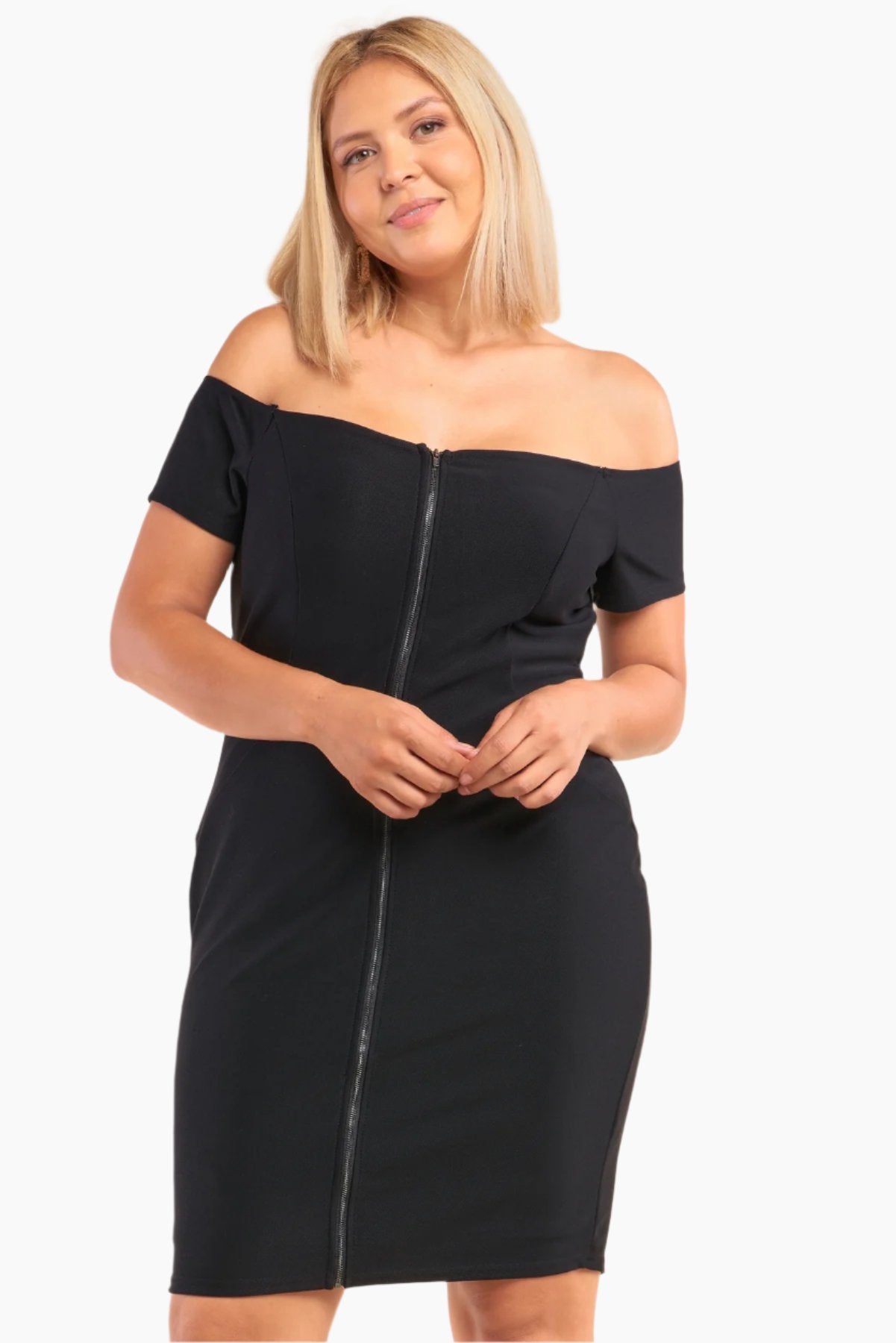 Plus Size Fitted Off-the-shoulder Front Zipper Bodycon Mini Dress