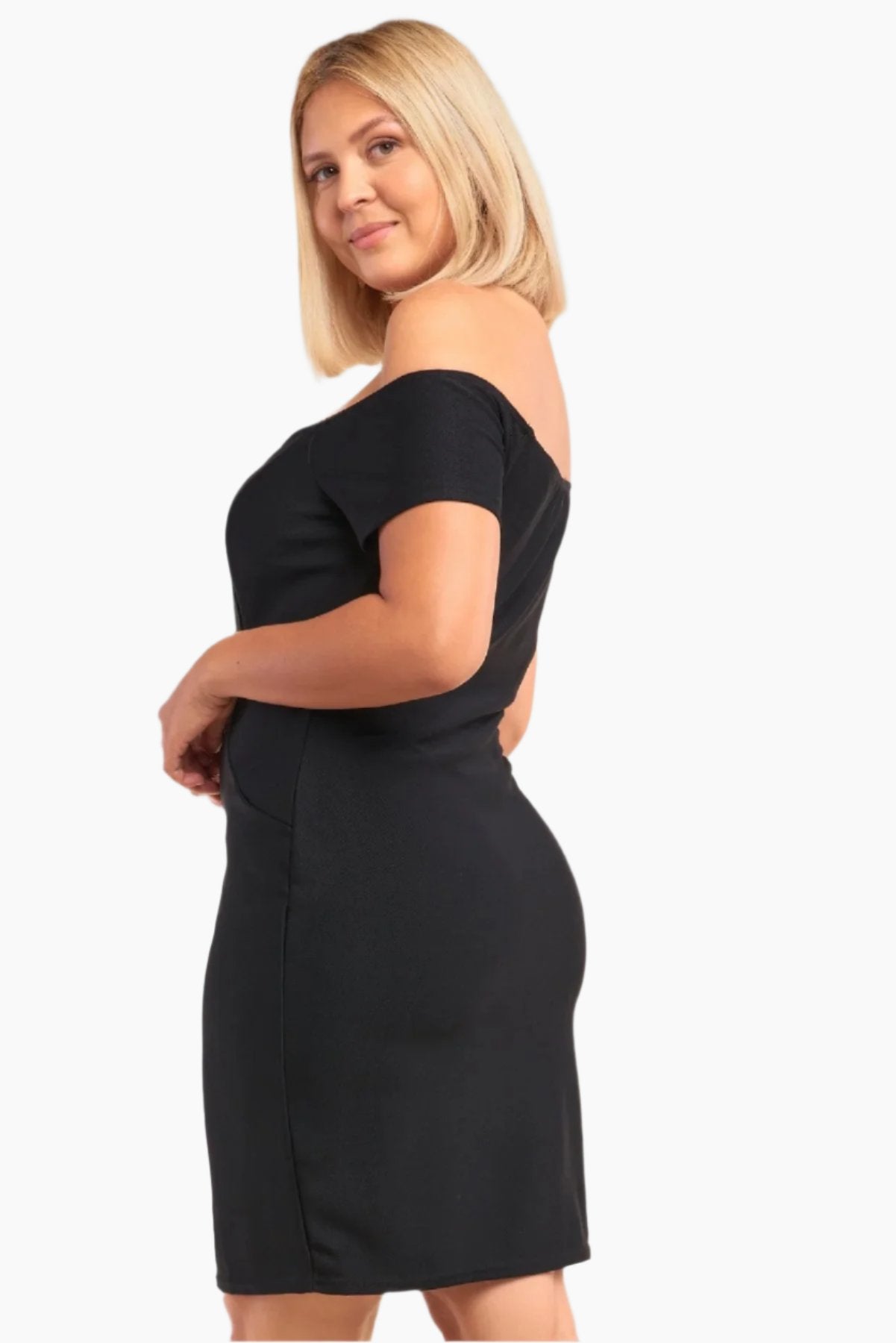 Plus Size Fitted Off-the-shoulder Front Zipper Bodycon Mini Dress