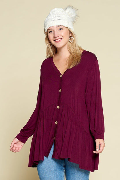 TOPS - Plus Size Solid Heavy Rayon Modal Jersey Faux Button Up