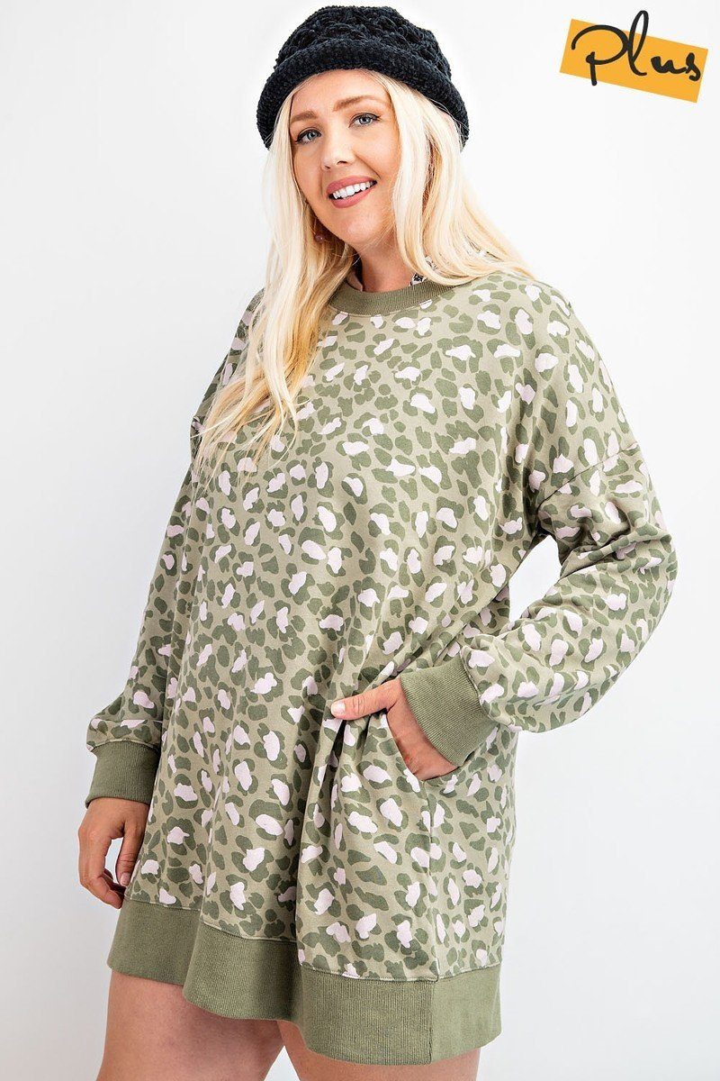 DRESSES - Plus Size Leopard Printed Terry Knit Dress