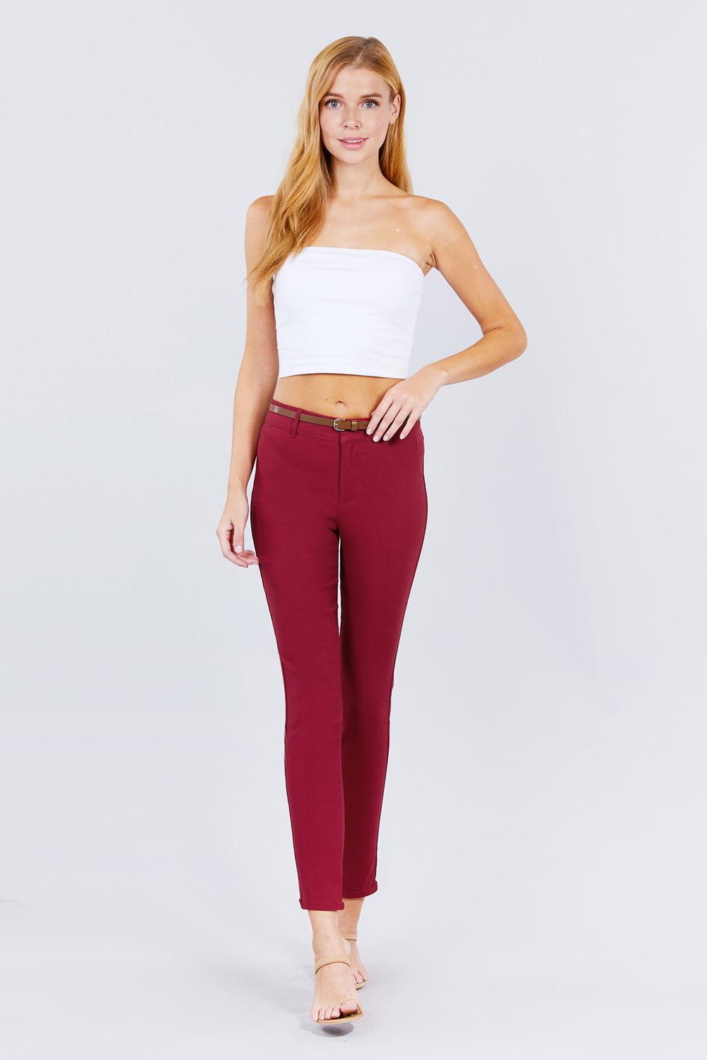 Belted Textured Long Pants