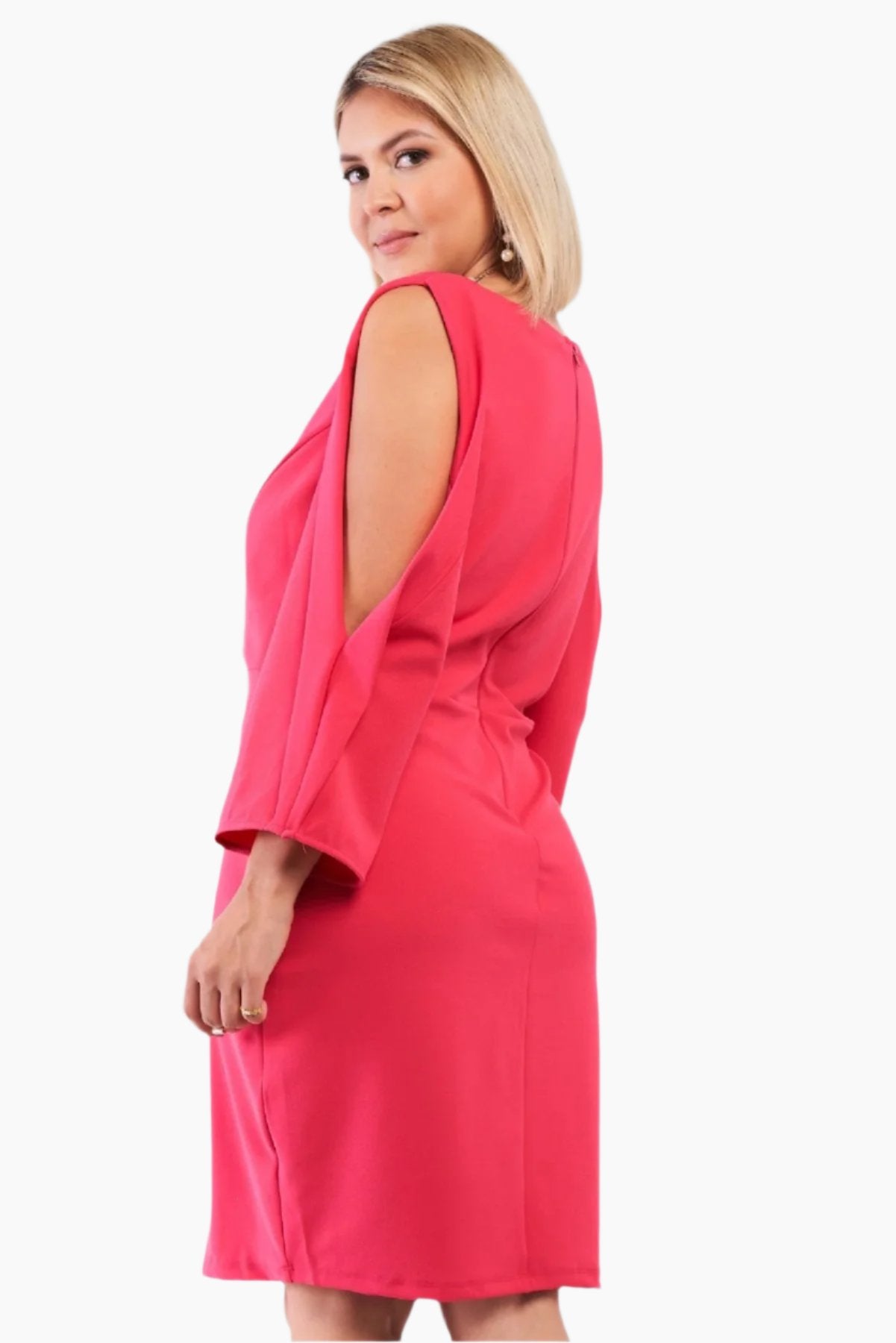 A Coral Pink Plunging V-neck Long Slit Sleeve Detail Mini Dress