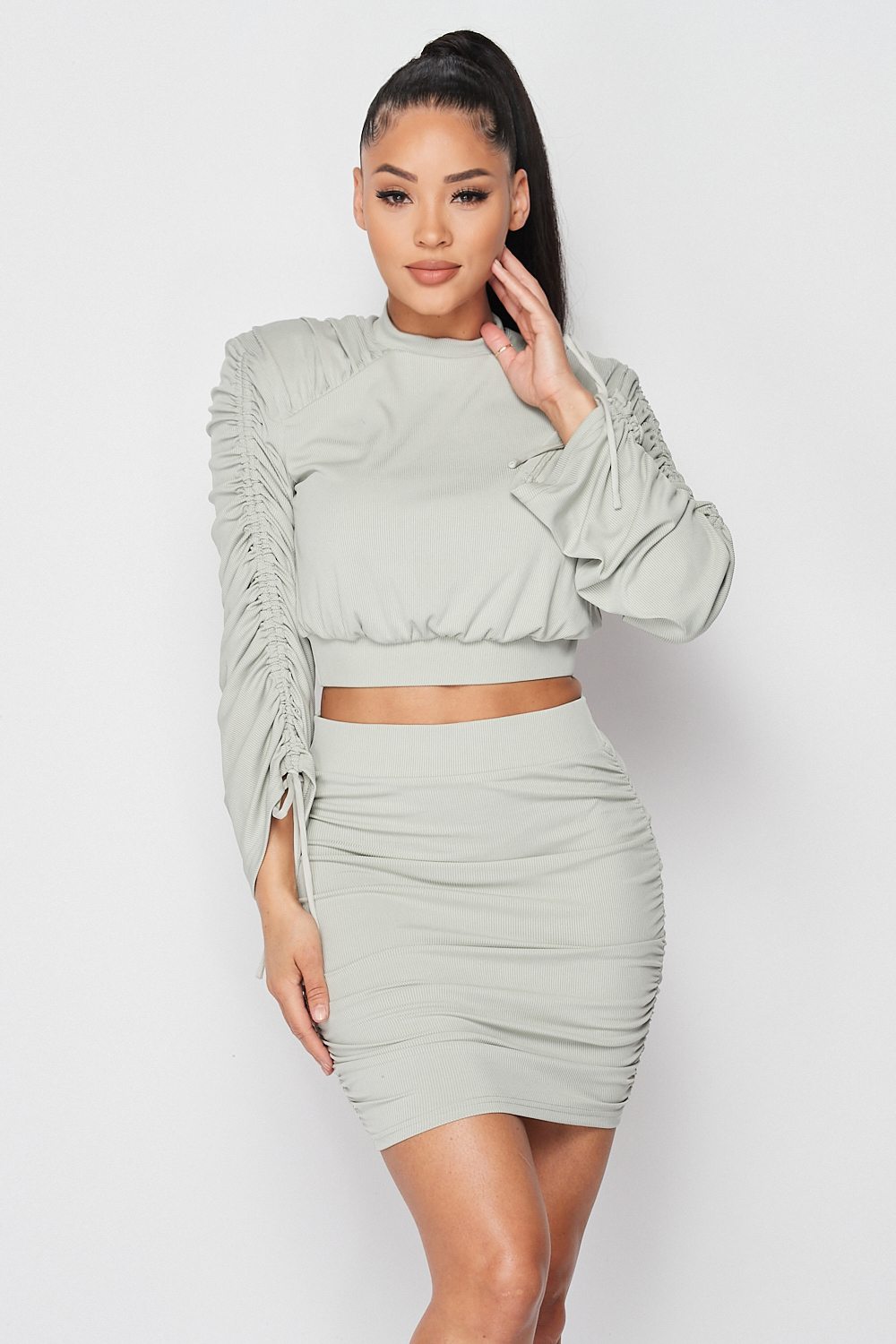 Ruched Long Sleeve And Skirt Set