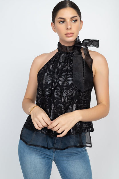 Sleeveless Neck Tie Keyhole Top