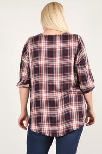 Plaid 3/4 Sleeve Top With Hi-lo Hem, V-neckline, And Relaxed Fit