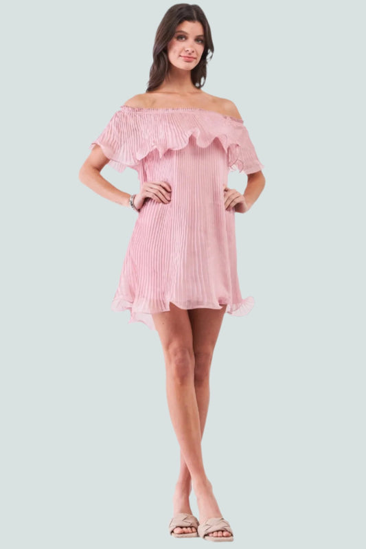 Pink Pleated Off-the-shoulder Double Layered Frill Trim Mini Dress