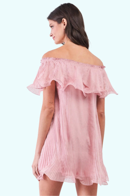 Pink Pleated Off-the-shoulder Double Layered Frill Trim Mini Dress