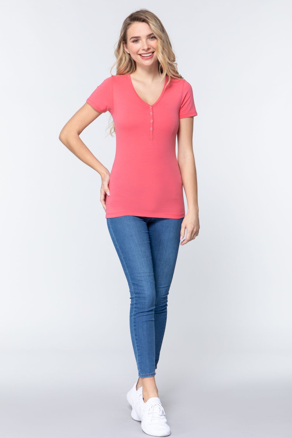 Short Slv V-neck Henley Knit Top