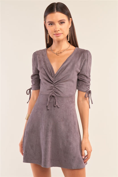 Charcoal Grey Suede Deep Plunge V-neck Gathered Detail Tight Fit Mini Dress