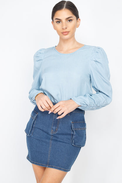 Denim - Shirring Puff Sleeves  Top