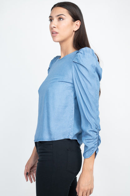 Denim - Shirring Puff Sleeves Denim Top