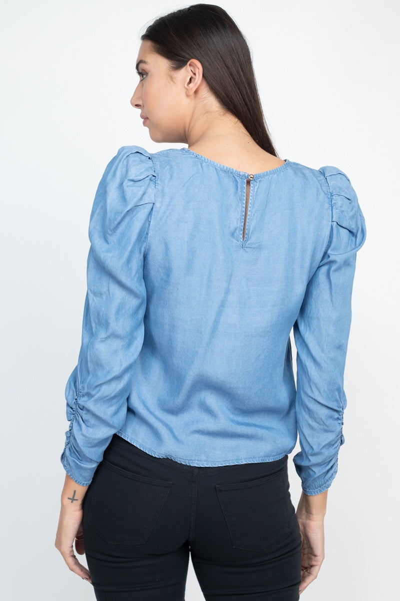 Denim - Shirring Puff Sleeves Denim Top