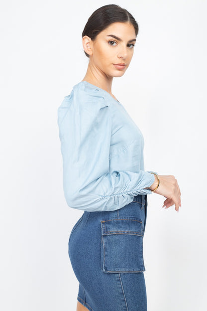 Denim - Shirring Puff Sleeves  Top