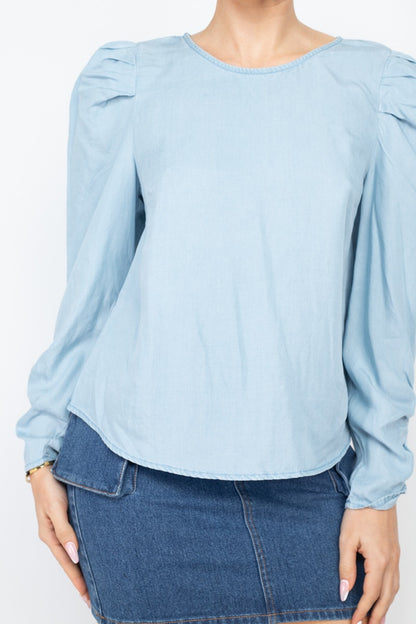 Denim - Shirring Puff Sleeves  Top