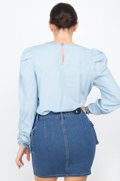 Denim - Shirring Puff Sleeves  Top