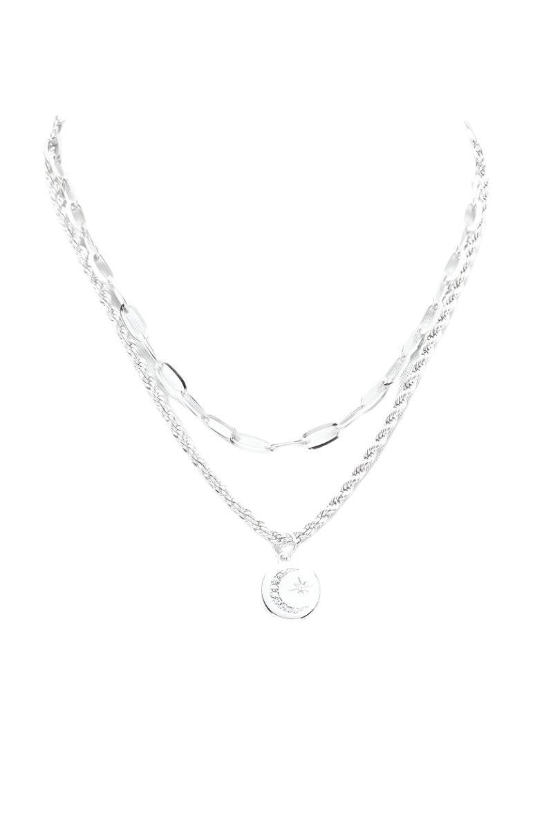 2 Layered Metal Chain Round Pendant Necklace