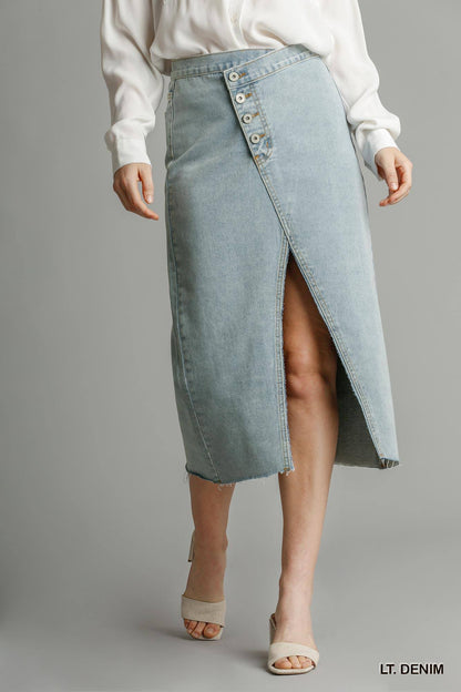 DENIM  - Asymmetrical Waist And Button Up Front Split Denim Skirt With Back Pockets And Unfinished Hem