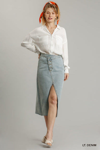 DENIM  - Asymmetrical Waist And Button Up Front Split Denim Skirt With Back Pockets And Unfinished Hem