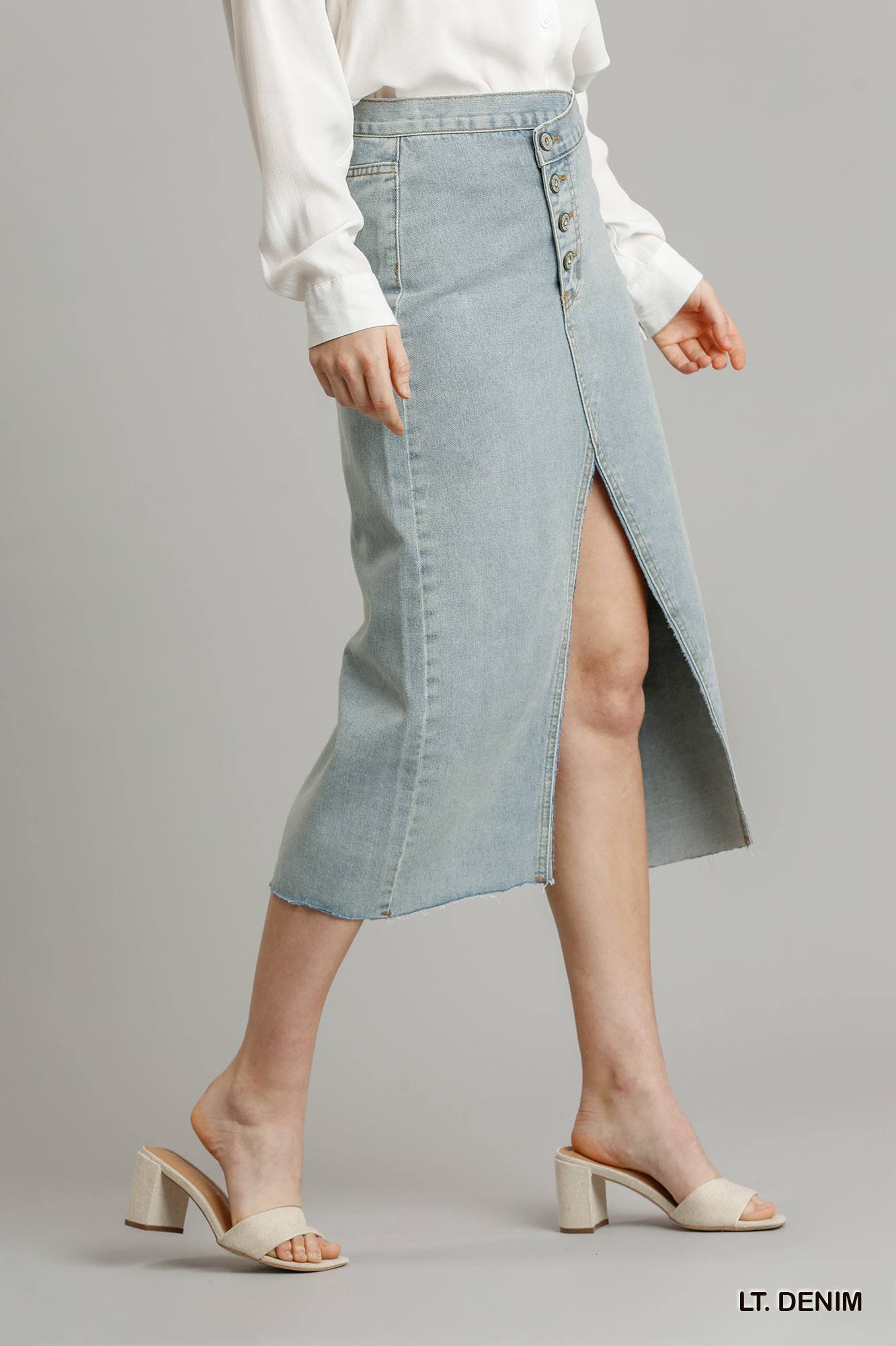 DENIM  - Asymmetrical Waist And Button Up Front Split Denim Skirt With Back Pockets And Unfinished Hem