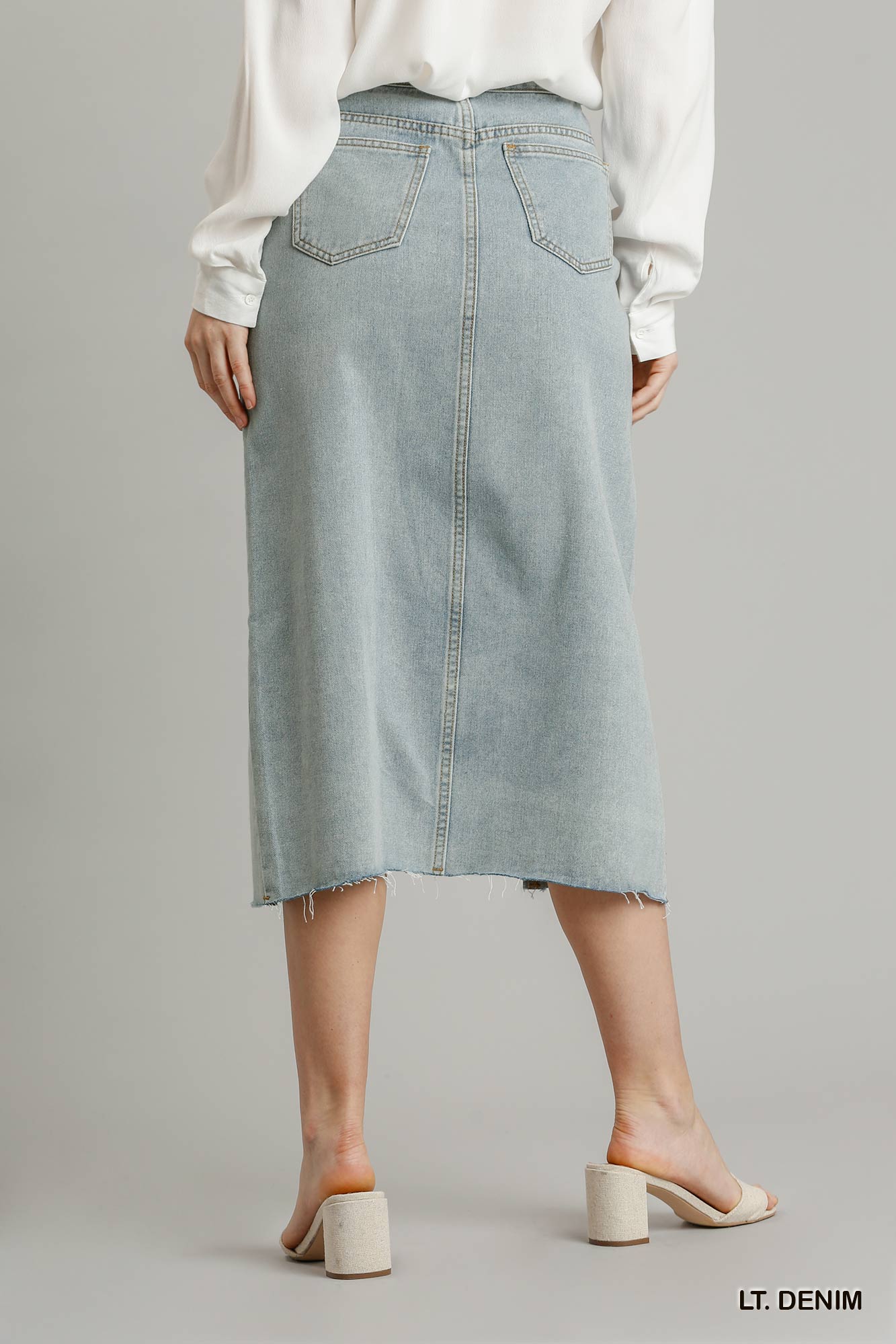 DENIM  - Asymmetrical Waist And Button Up Front Split Denim Skirt With Back Pockets And Unfinished Hem