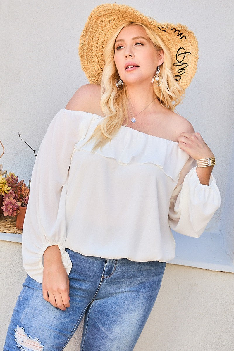 TOPS - Plus Size Off-Shoulder Ruffle Bubble Sleeve Feminine Blouse.