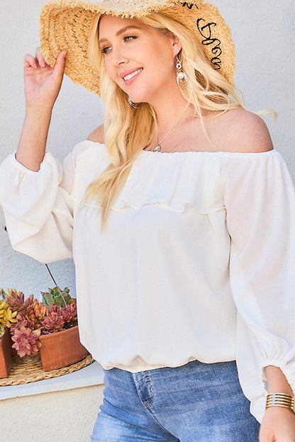 TOPS - Plus Size Off-Shoulder Ruffle Bubble Sleeve Feminine Blouse.