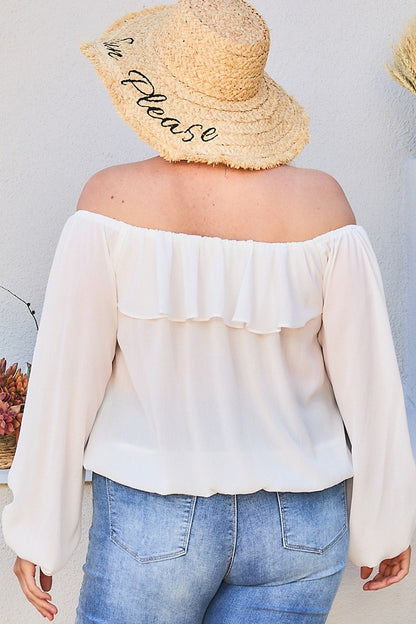 TOPS - Plus Size Off-Shoulder Ruffle Bubble Sleeve Feminine Blouse.