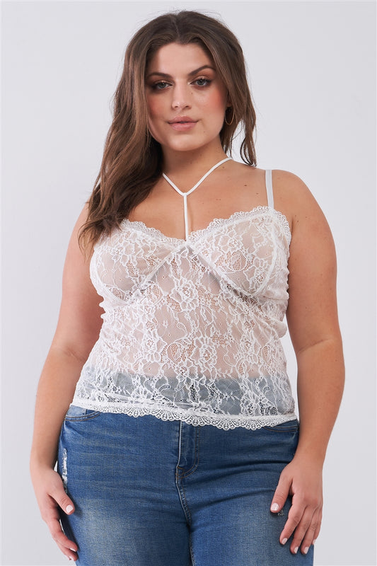 Plus Size Sleeveless Sheer Lace Halter Neck Detail Bustier Top