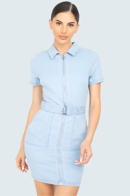 Denim - Belted Bodycon Collared Denim Dress