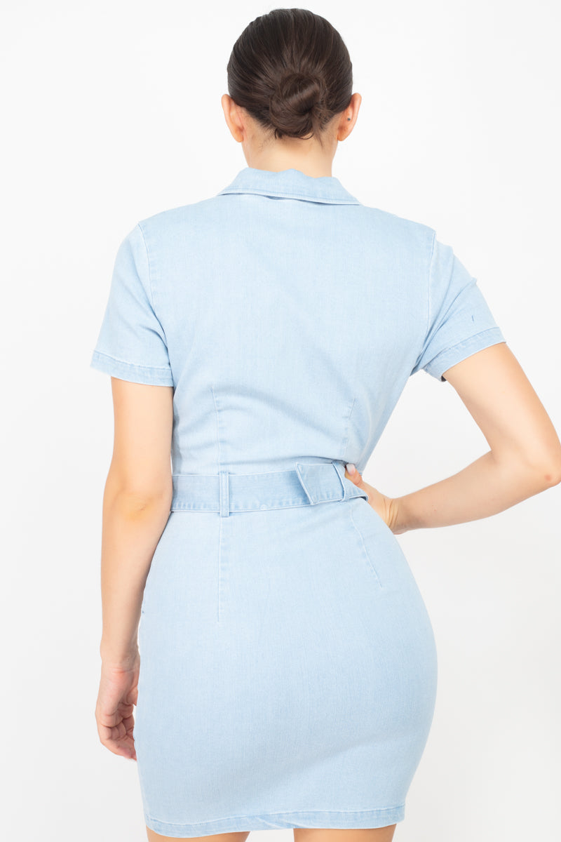 Denim - Belted Bodycon Collared Denim Dress