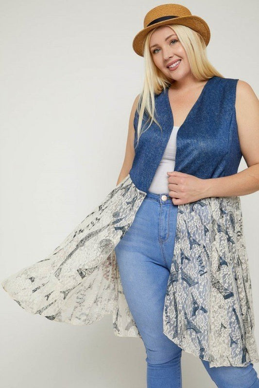 Denim - Inspired Sleeveless, Lace Cardigan