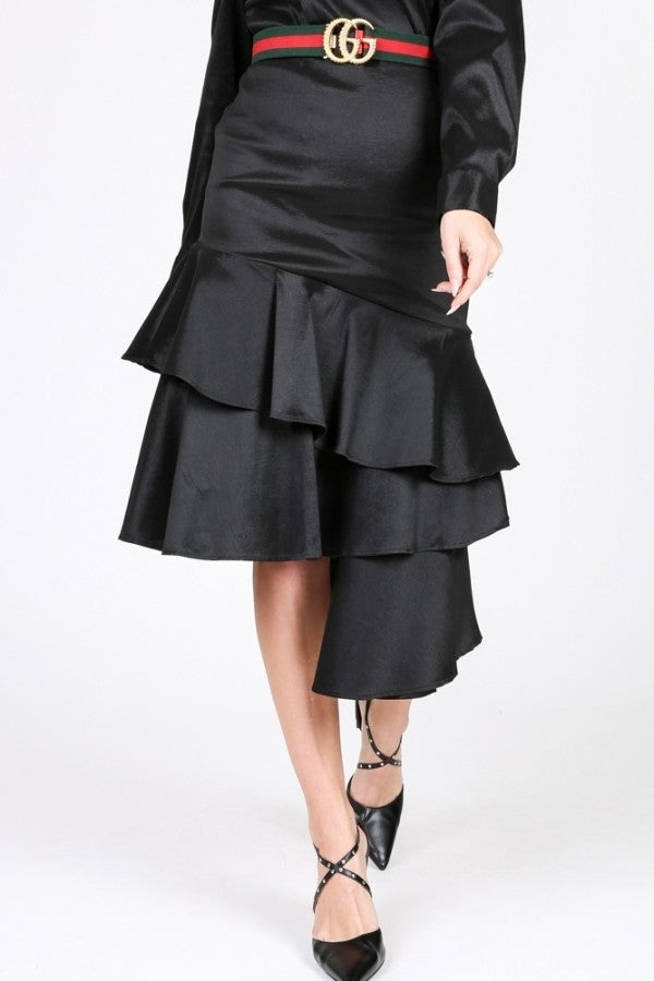 SKIRT - Asymmetrical Ruffle Bottom Satin Skirt