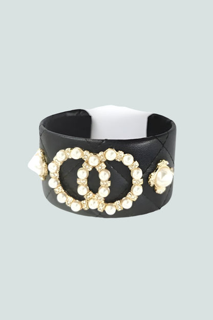 Fashion Pearl Double Round Studded Faux Leather Cuff Bracelet