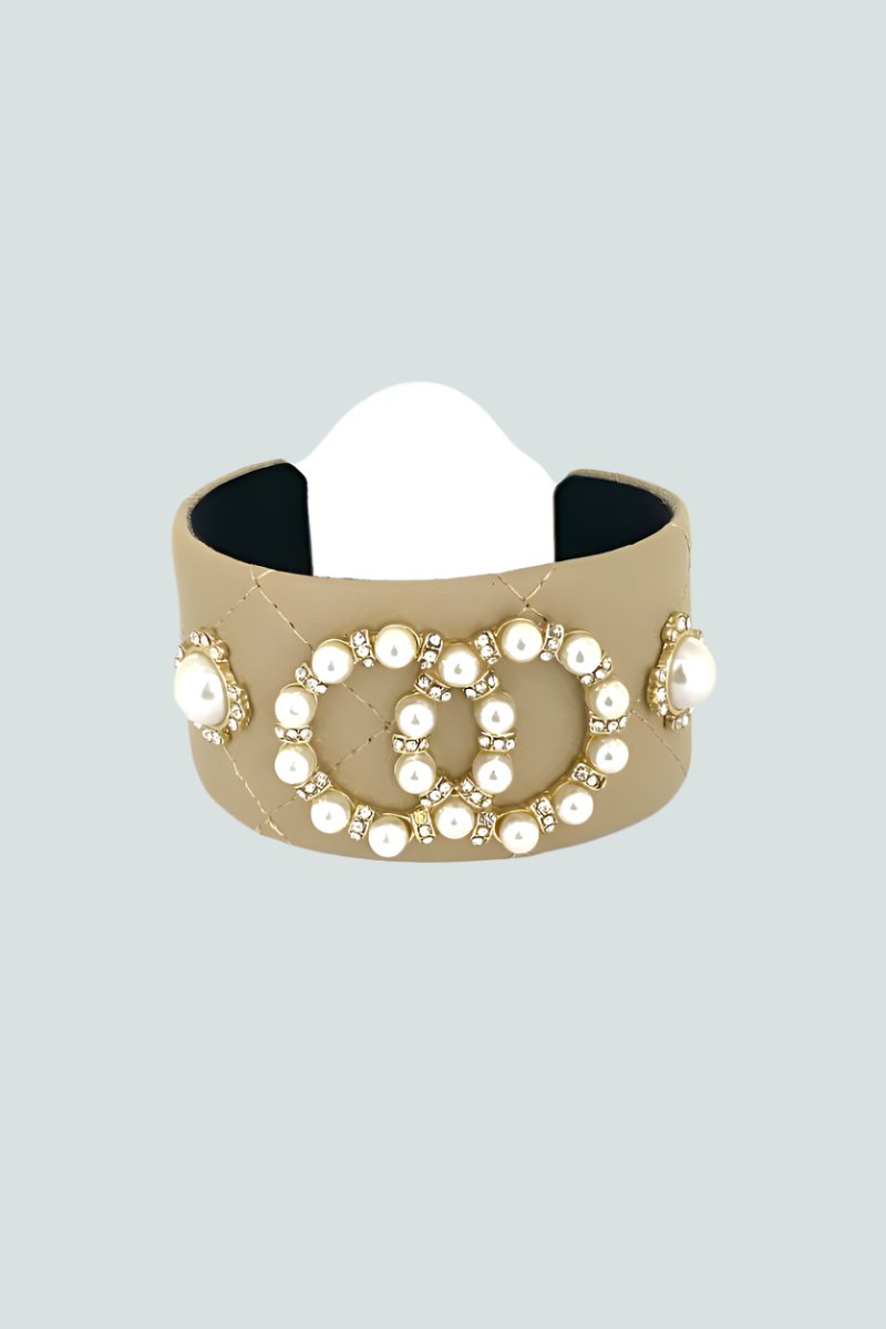 Fashion Pearl Double Round Studded Faux Leather Cuff Bracelet