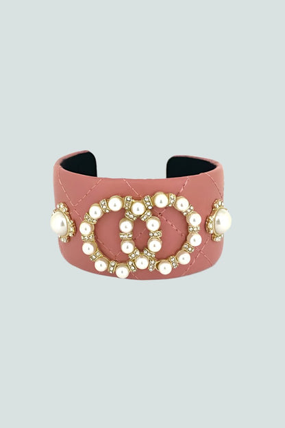 Fashion Pearl Double Round Studded Faux Leather Cuff Bracelet