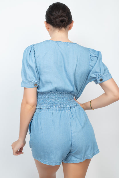 Denim - Button-front Top And Shorts Set